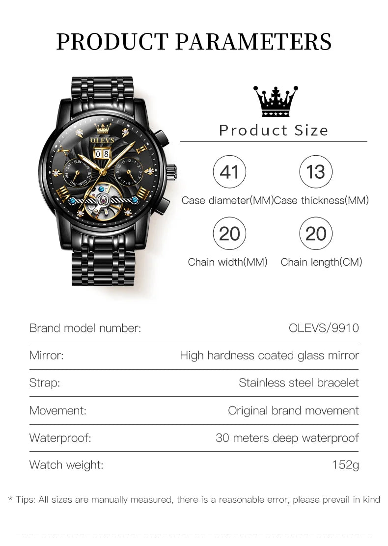 OLEVS Luxury Men's Watch - Classic Tourbillon Automatic Timepieces.