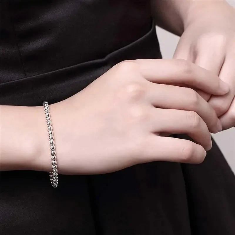 925 Sterling Silver Charm Bracelet for Women 4mm Beads Chain Wedding & Party Jewelry Gift