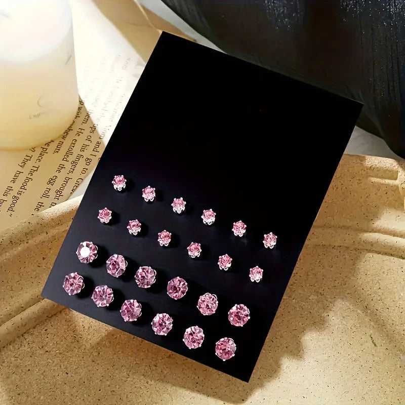 12-Pair Luxurious Shiny Zirconia Stud Earrings Set for Women