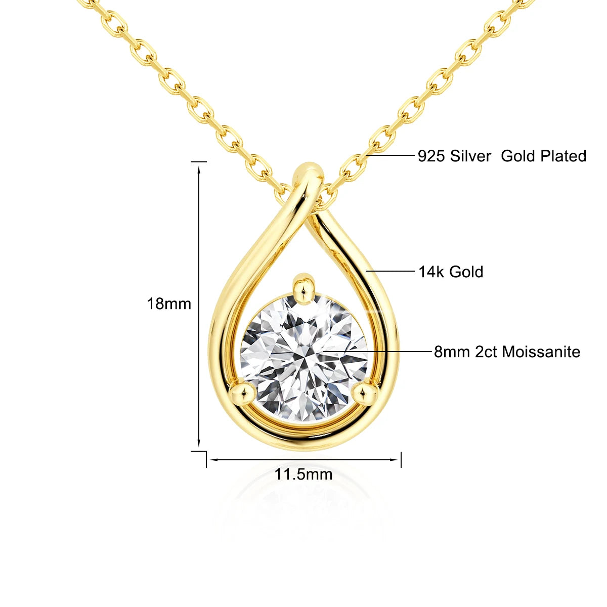 14K Gold Plated Pear Moissanite Solitaire Pendant Necklace Diamond Certificate Included
