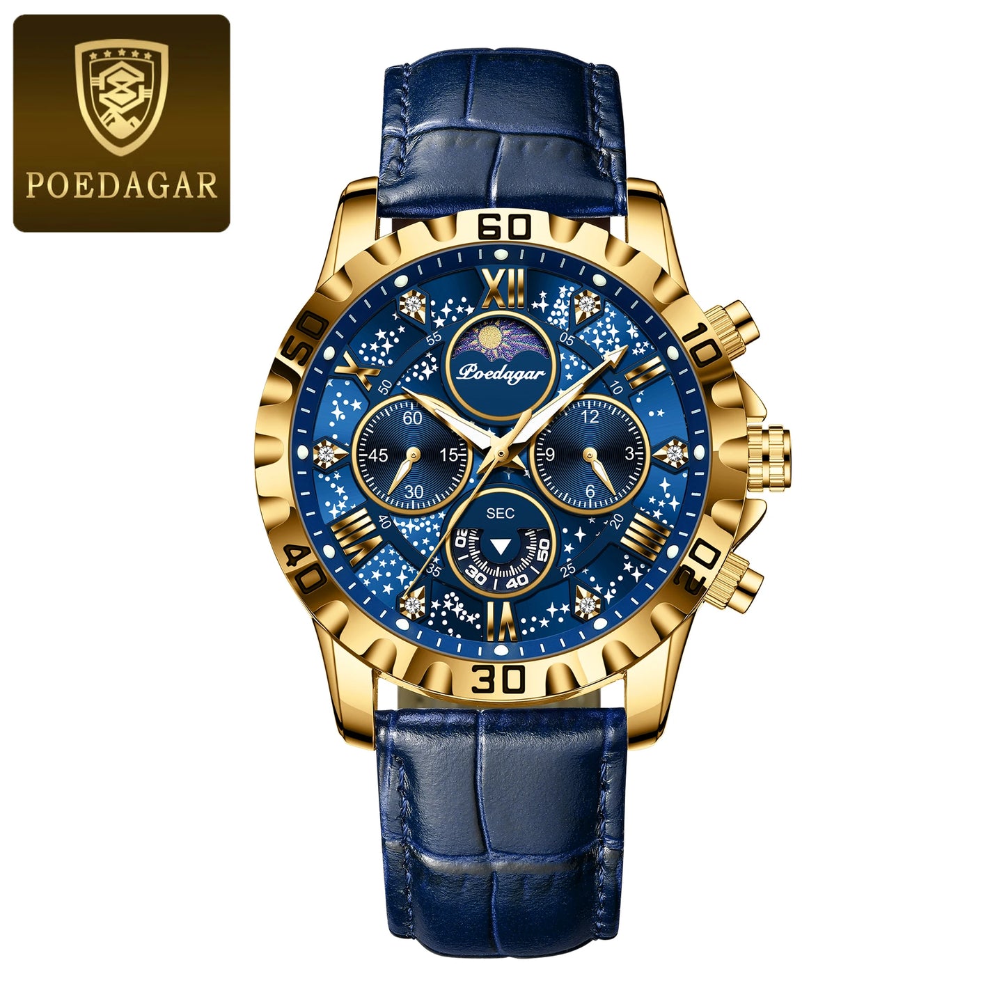 POEDAGAR men's Luxury Fashion Watch Waterproof Chronograph Leather Quartz Wriswatch