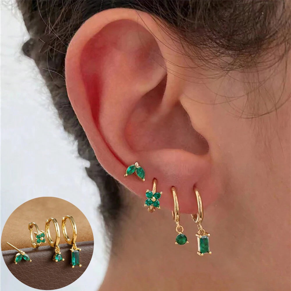 4Pcs Cubic Zirconia Flower Hoop Earrings Set 18k Gold- & Silver-Plated Stainless Steel