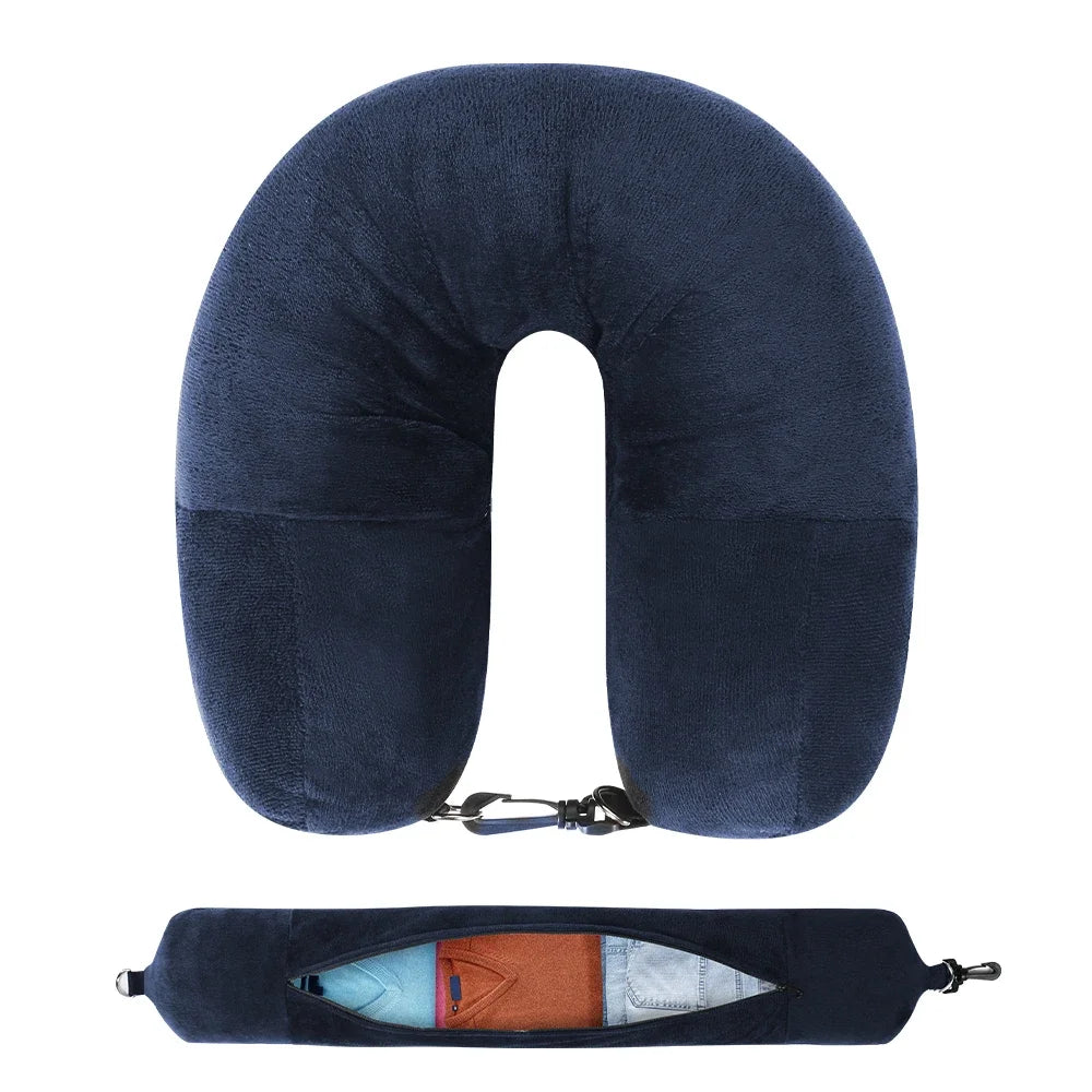 Travel Neck Pillow with Fillable Clothing U-shaped Velvet Cover & Extra Storage Bag