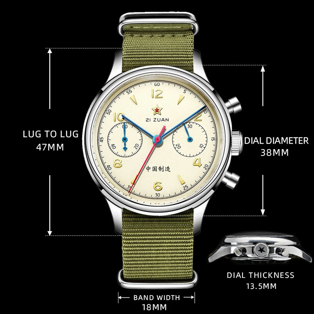 RED STAR 38mm 1963 Men's Chronograph Mechanical Watch - Pilot's Choice Aviation Timepieces.