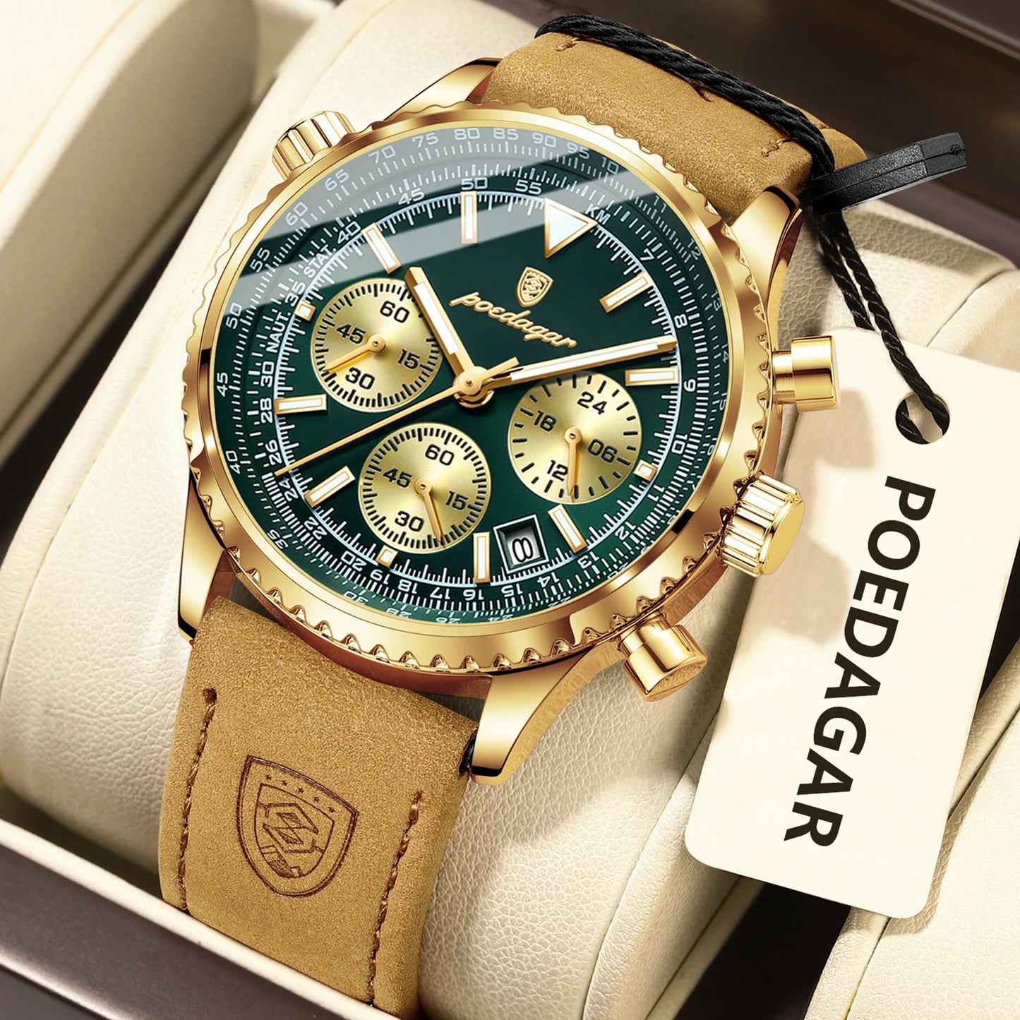 POEDAGAR Men's Luxury Business Luxury Business Watch Waterproof Choreograph Date Leather Quratz Wristwatch Date