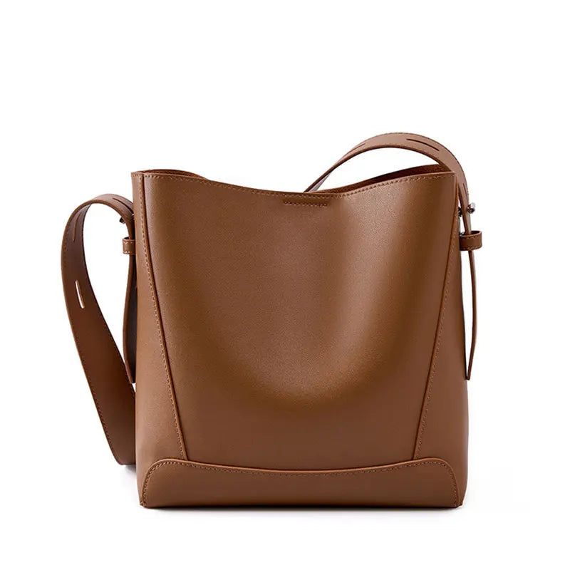Genuine Cowhide Leather Shoulder Bag-Designer Bucket Bag for Women