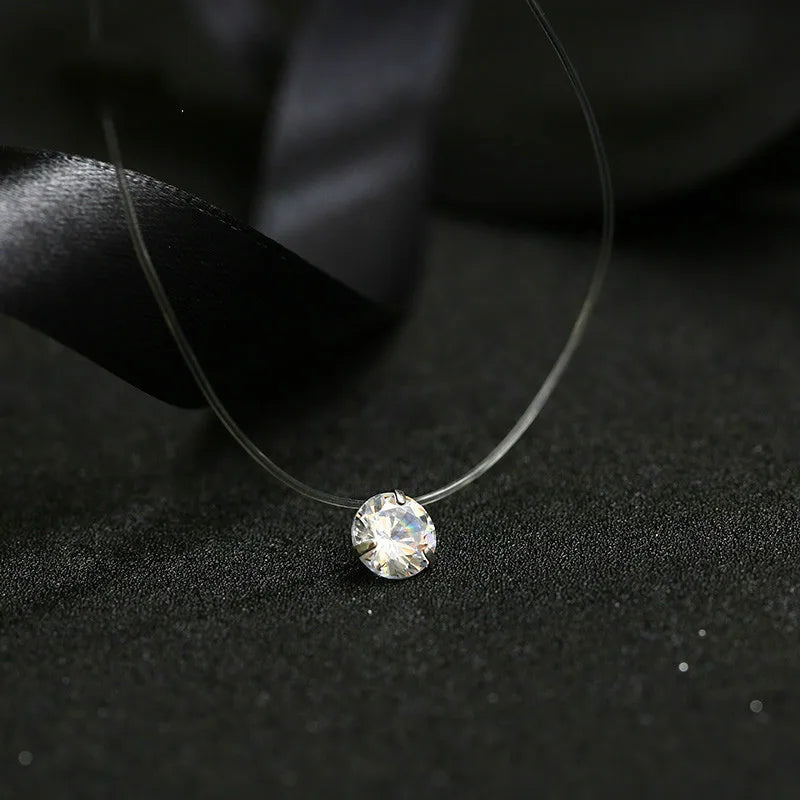 Crystal Zircon Water Drop Pendant Necklace - Invisible Chain Choker for Women