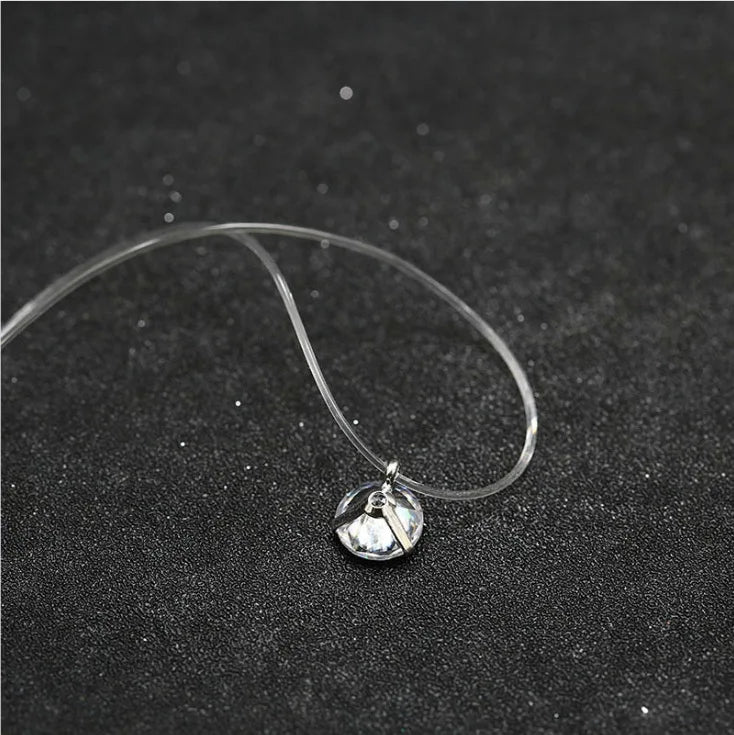 Crystal Zircon Water Drop Pendant Necklace - Invisible Chain Choker for Women