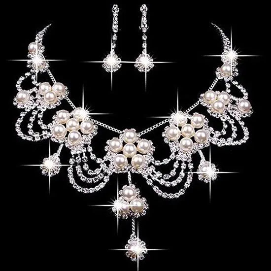 Luxury Pearl & Rhinestone Bridal Jewelry Set - Necklace & Earrings