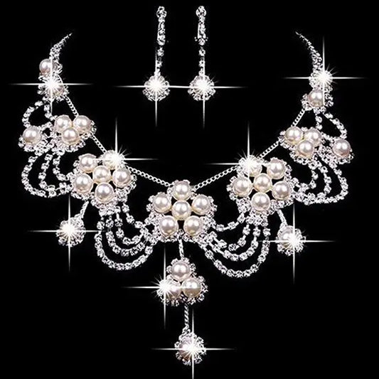 Luxury Pearl & Rhinestone Bridal Jewelry Set - Necklace & Earrings
