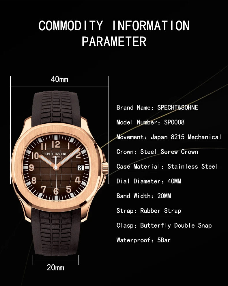Specht & Shone Automatic Mechanical Sport Watch - Sapphire Crytal, Luminous 50M Waterproof