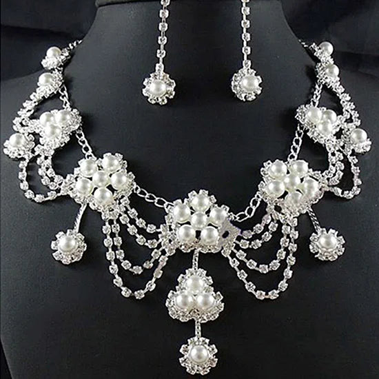 Luxury Pearl & Rhinestone Bridal Jewelry Set - Necklace & Earrings