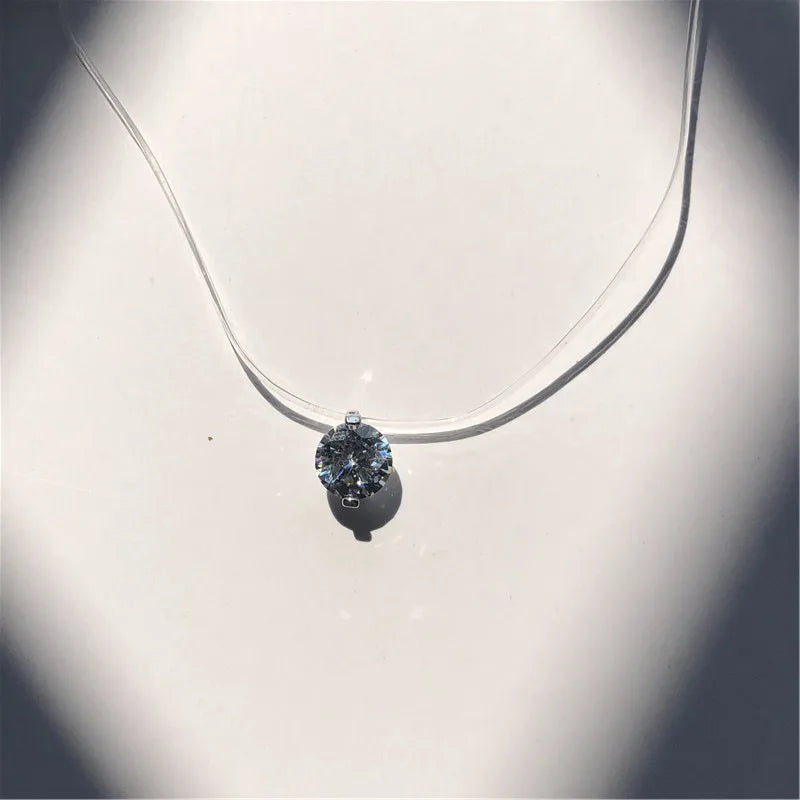 Crystal Zircon Water Drop Pendant Necklace - Invisible Chain Choker for Women
