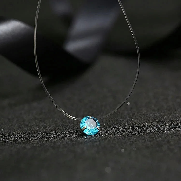 Crystal Zircon Water Drop Pendant Necklace - Invisible Chain Choker for Women