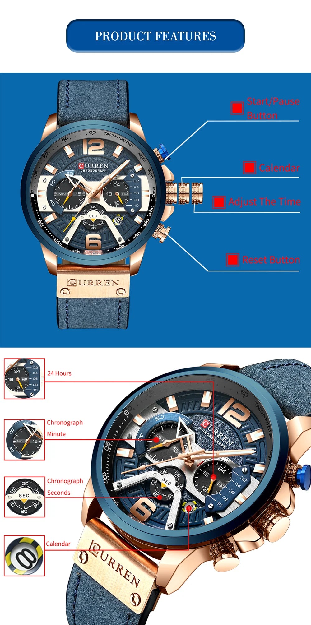 CURREN Men's Luxury Chronograph Watch Military Leather Sport Wristwatch