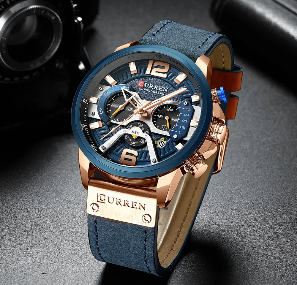 CURREN Men's Luxury Chronograph Watch Military Leather Sport Wristwatch