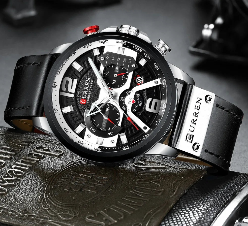 CURREN Men's Luxury Chronograph Watch Military Leather Sport Wristwatch
