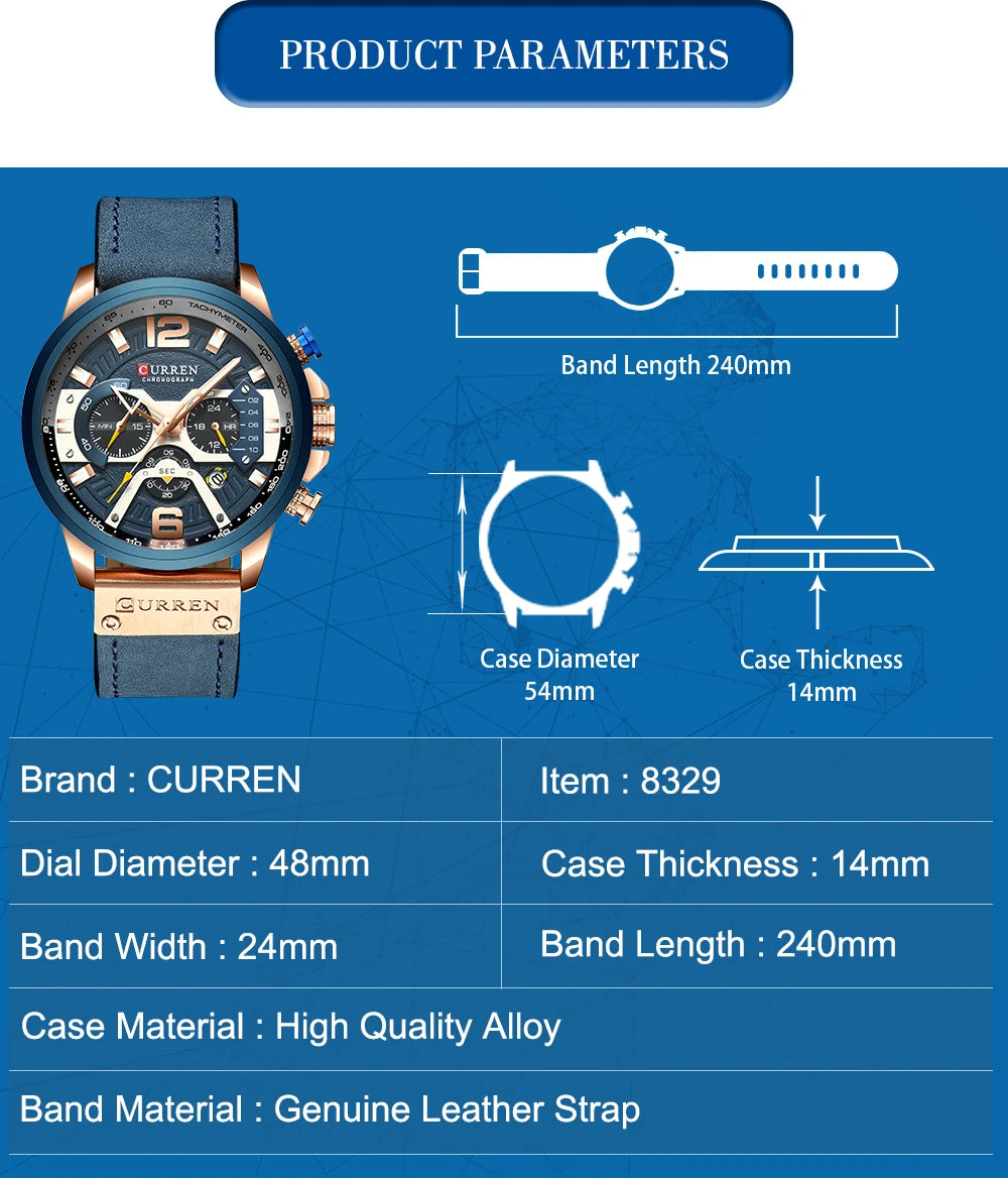 CURREN Men's Luxury Chronograph Watch Military Leather Sport Wristwatch