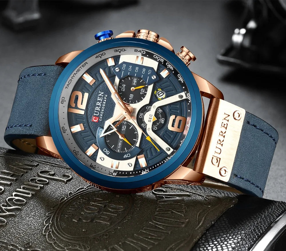 CURREN Men's Luxury Chronograph Watch Military Leather Sport Wristwatch