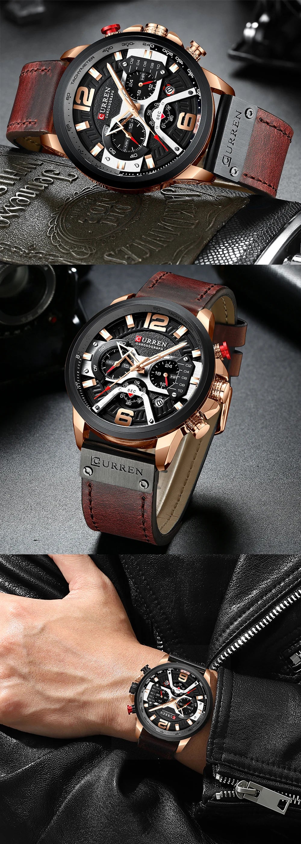 CURREN Men's Luxury Chronograph Watch Military Leather Sport Wristwatch