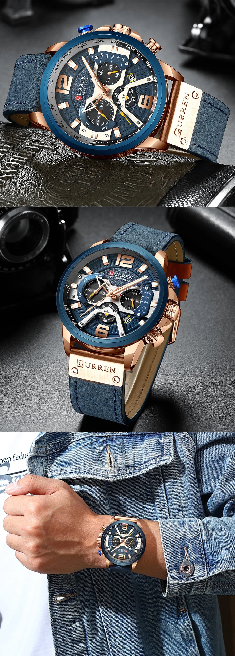 CURREN Men's Luxury Chronograph Watch Military Leather Sport Wristwatch