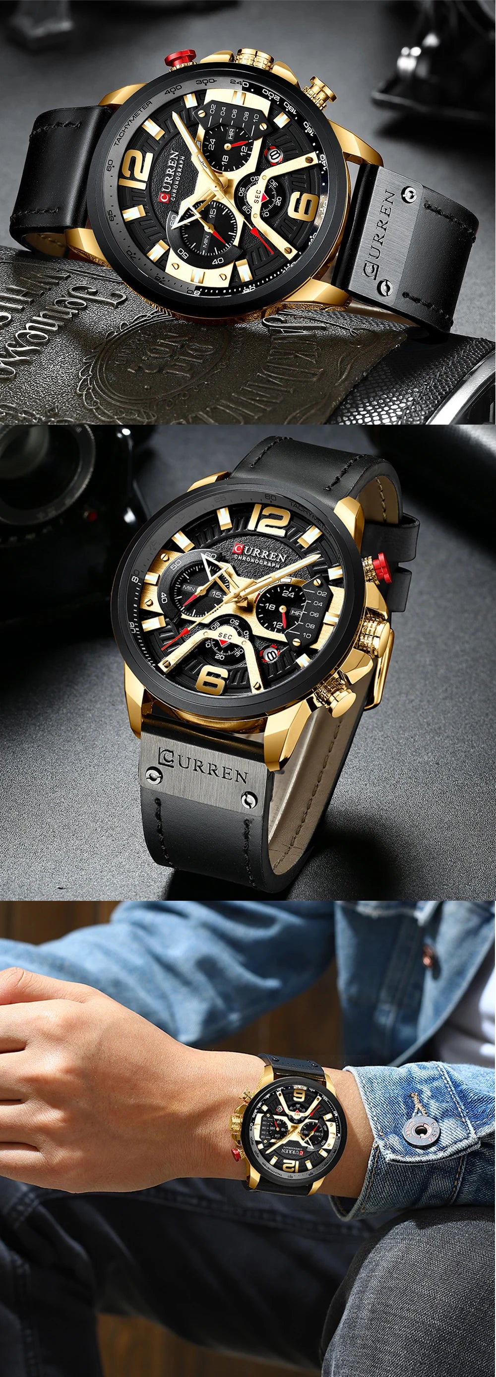 CURREN Men's Luxury Chronograph Watch Military Leather Sport Wristwatch