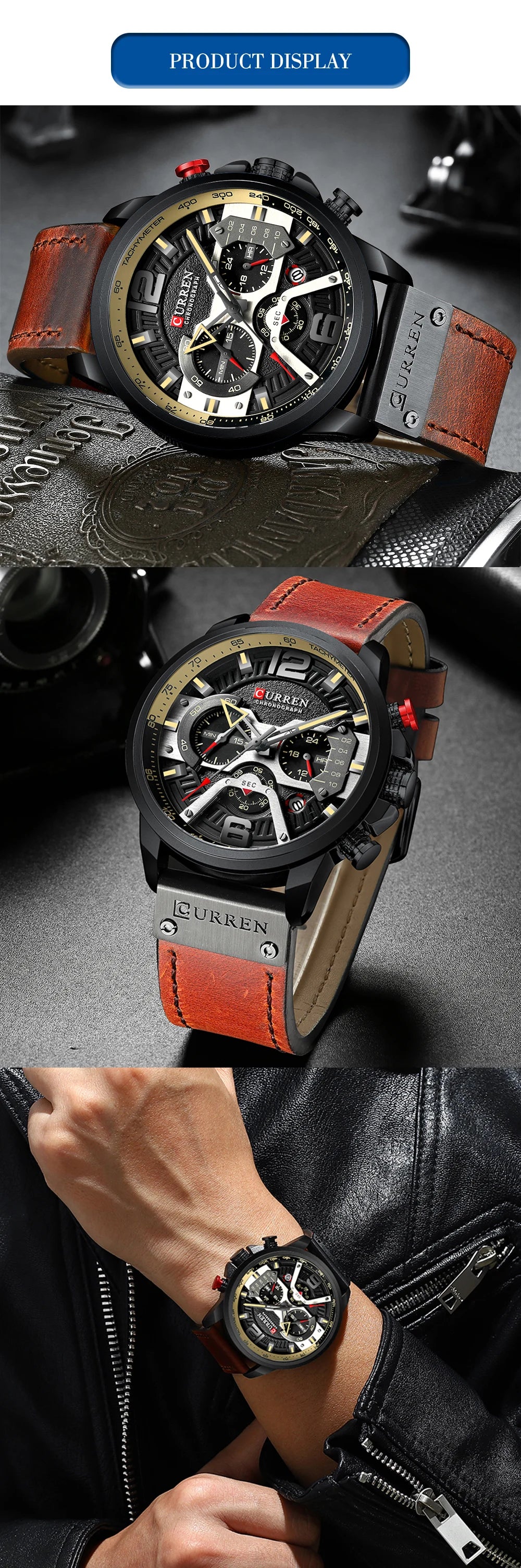 CURREN Men's Luxury Chronograph Watch Military Leather Sport Wristwatch