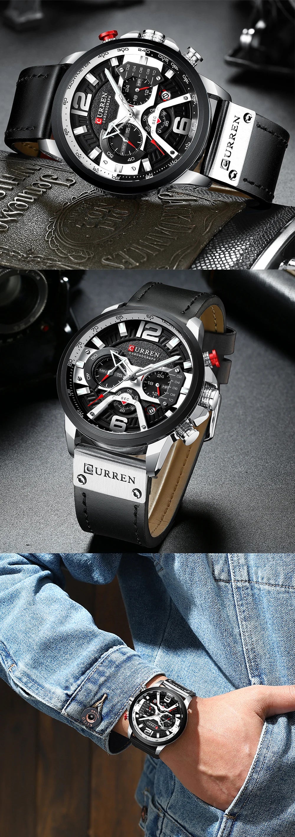 CURREN Men's Luxury Chronograph Watch Military Leather Sport Wristwatch