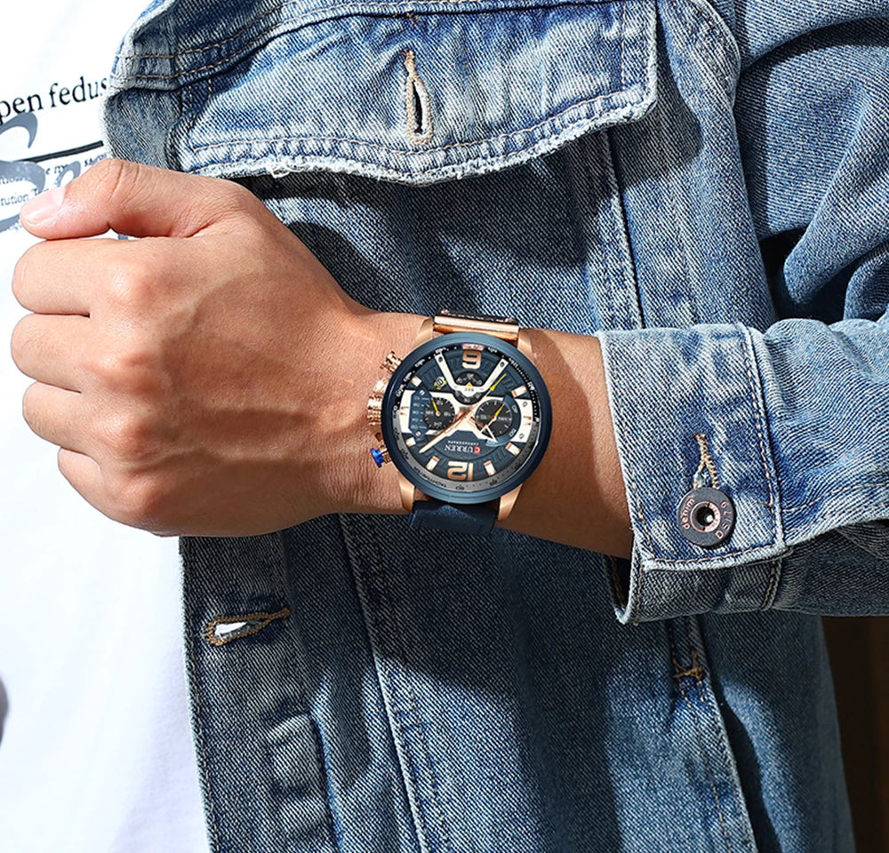 CURREN Men's Luxury Chronograph Watch Military Leather Sport Wristwatch