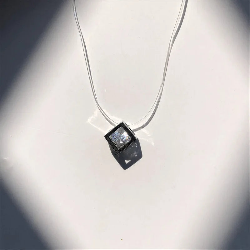 Crystal Zircon Water Drop Pendant Necklace - Invisible Chain Choker for Women