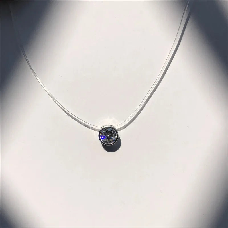 Crystal Zircon Water Drop Pendant Necklace - Invisible Chain Choker for Women