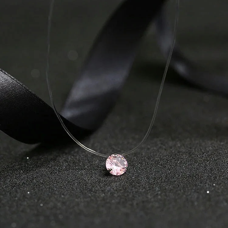 Crystal Zircon Water Drop Pendant Necklace - Invisible Chain Choker for Women