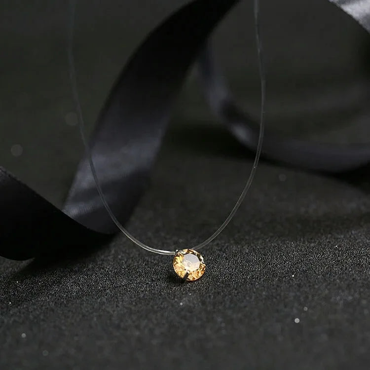 Crystal Zircon Water Drop Pendant Necklace - Invisible Chain Choker for Women