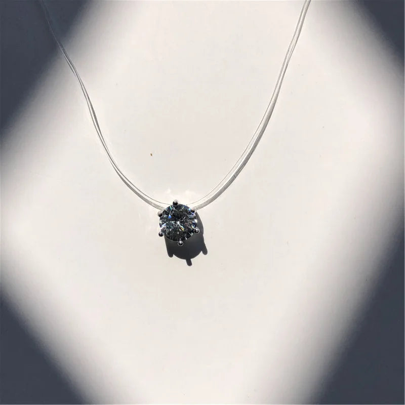 Crystal Zircon Water Drop Pendant Necklace - Invisible Chain Choker for Women