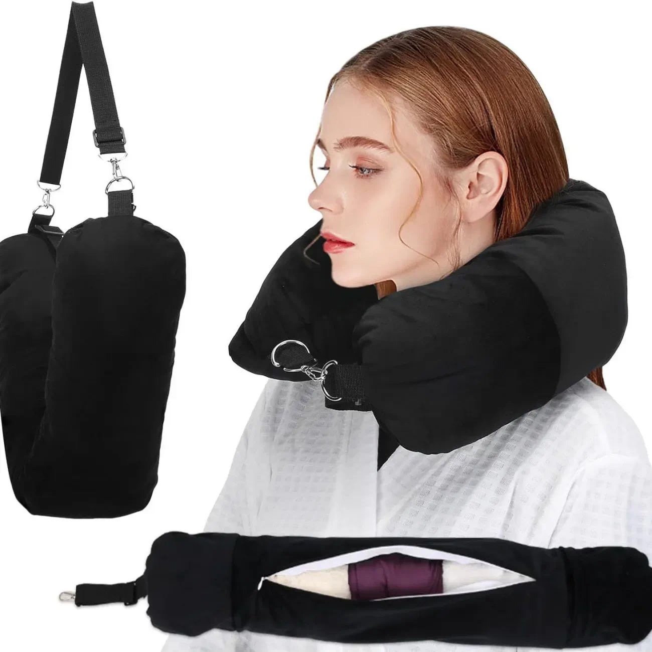 Travel Neck Pillow with Fillable Clothing U-shaped Velvet Cover & Extra Storage Bag