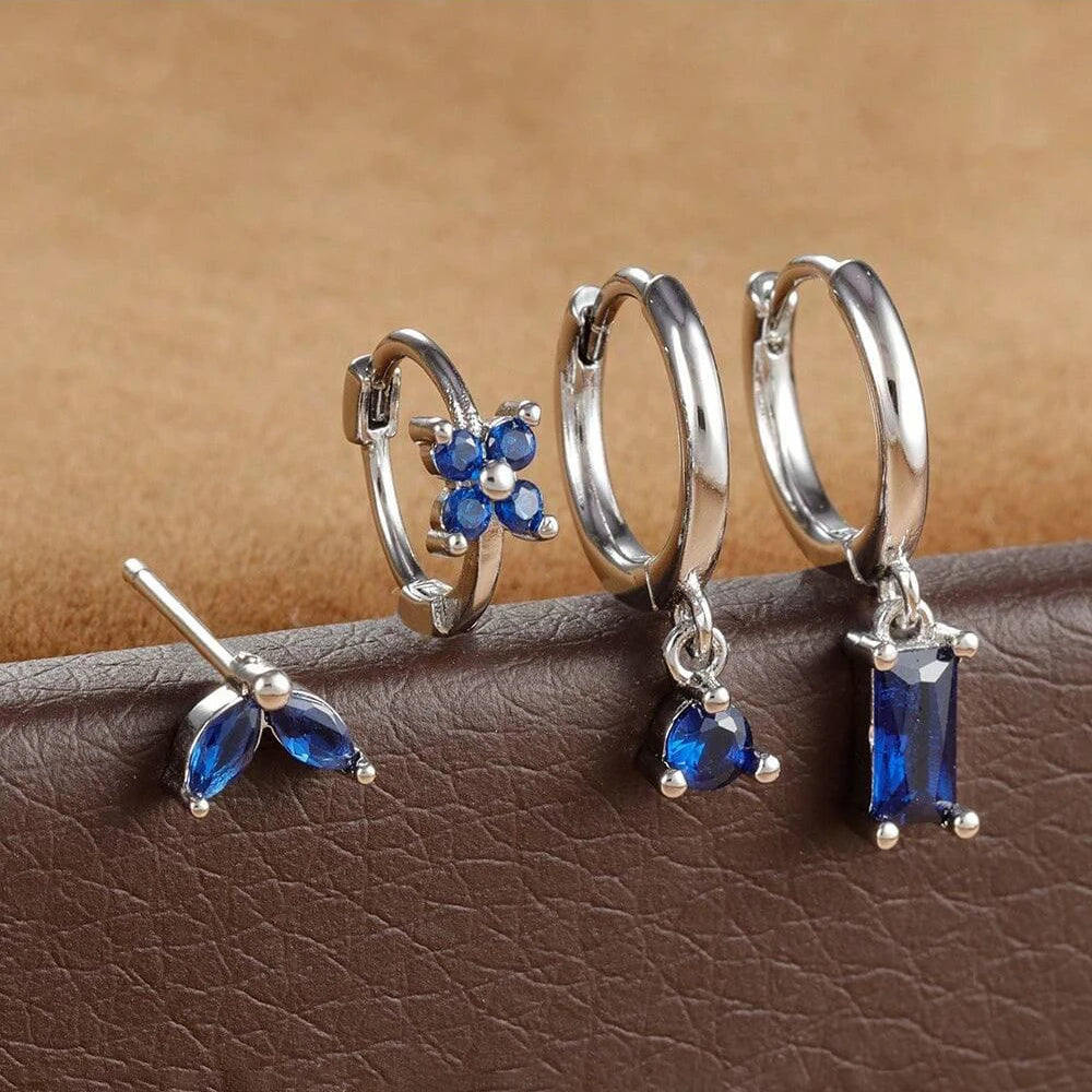 4Pcs Cubic Zirconia Flower Hoop Earrings Set 18k Gold- & Silver-Plated Stainless Steel