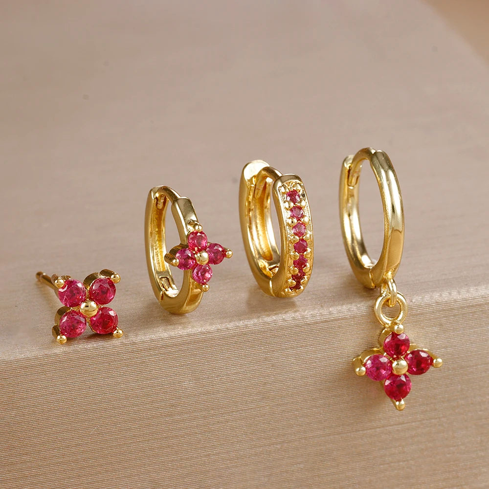 4Pcs Cubic Zirconia Flower Hoop Earrings Set 18k Gold- & Silver-Plated Stainless Steel