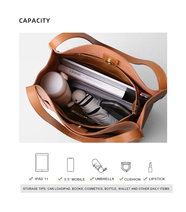 Luxury 100% Genuine Cowhide Leather Tote Bucket Bag