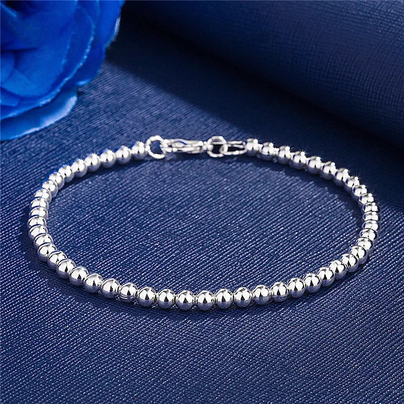 925 Sterling Silver Charm Bracelet for Women 4mm Beads Chain Wedding & Party Jewelry Gift