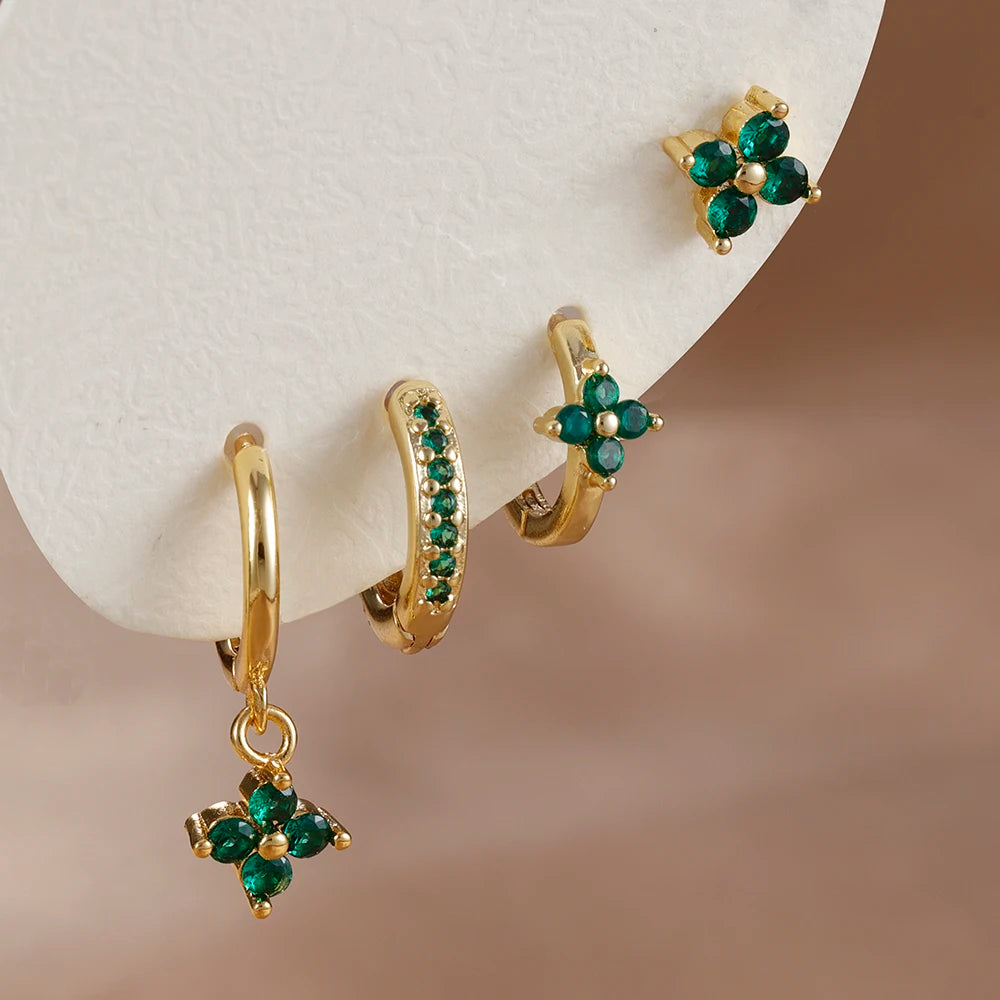 4Pcs Cubic Zirconia Flower Hoop Earrings Set 18k Gold- & Silver-Plated Stainless Steel
