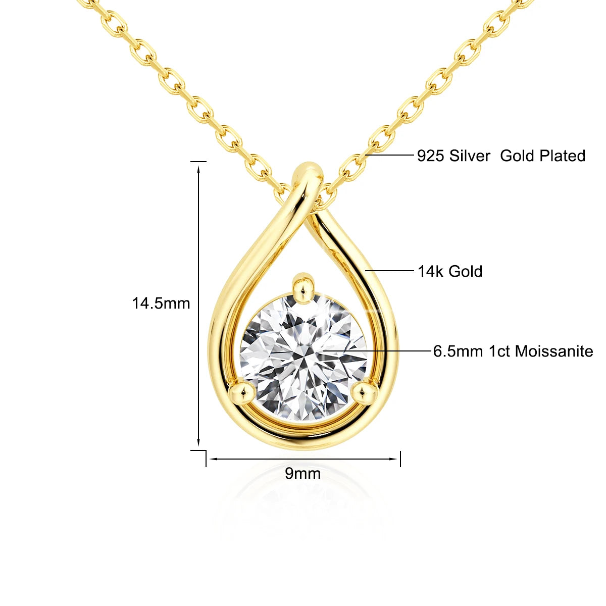 14K Gold Plated Pear Moissanite Solitaire Pendant Necklace Diamond Certificate Included