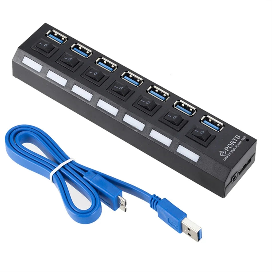 USB 3.0 HUB - High Speed 4/7 Port Splitter with power Adapter & On/ Off Switch