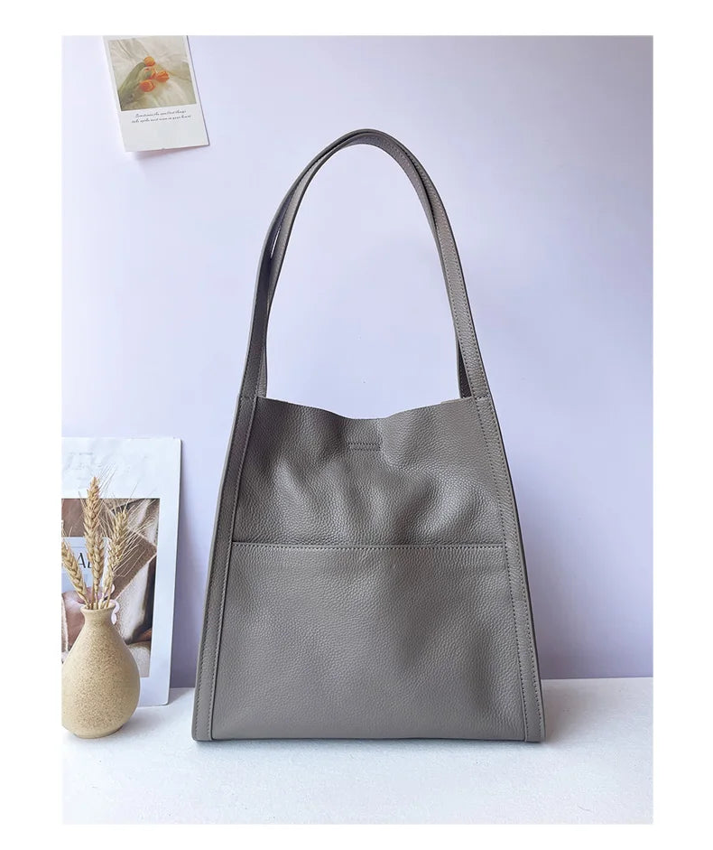 Luxury 100% Genuine Cowhide Leather Tote Bucket Bag