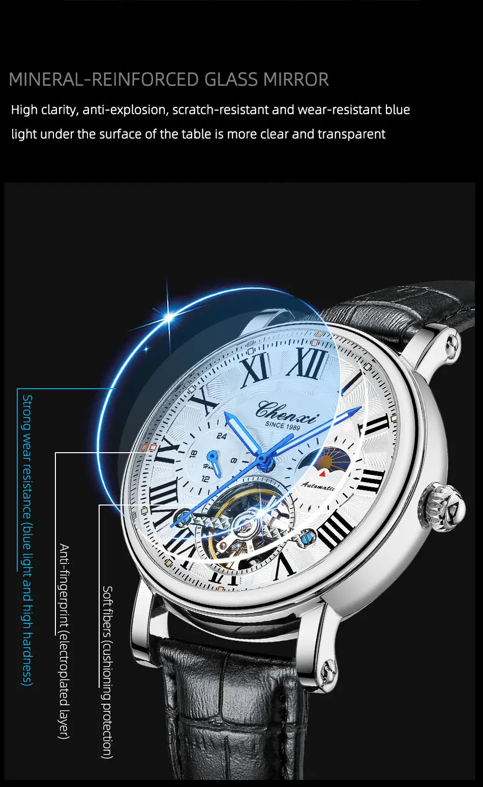 Watch For Men Business Fashion Genuine Leather Waterproof Mechanical Watch New 2024