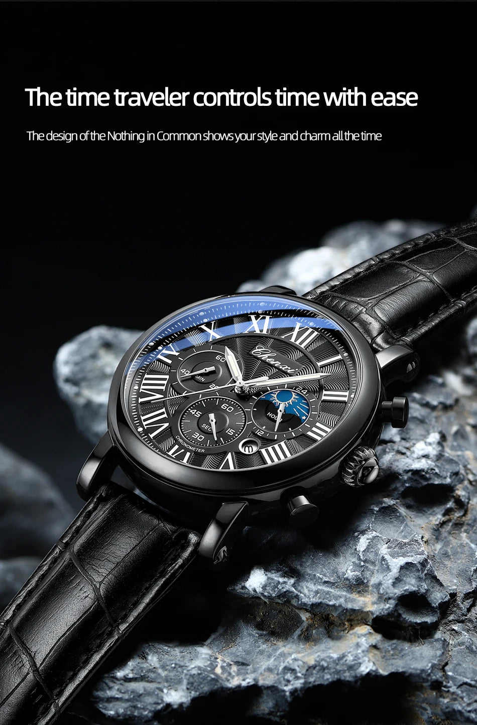 CHENXI 1973 Chronograph Watch- Moon Phase, Date Display & Leather Strap
