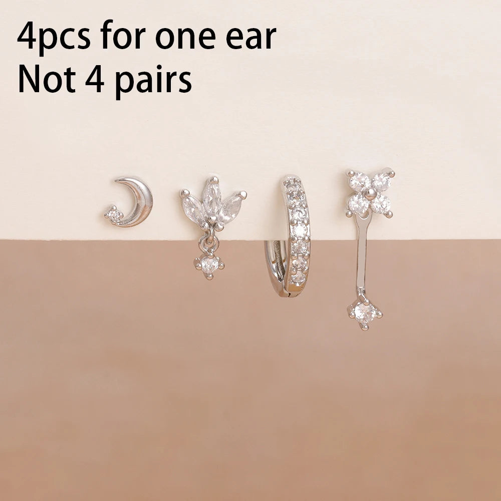 4-Pieces Zircon Star Moon Flower Small Hoop Earrings Set for Women