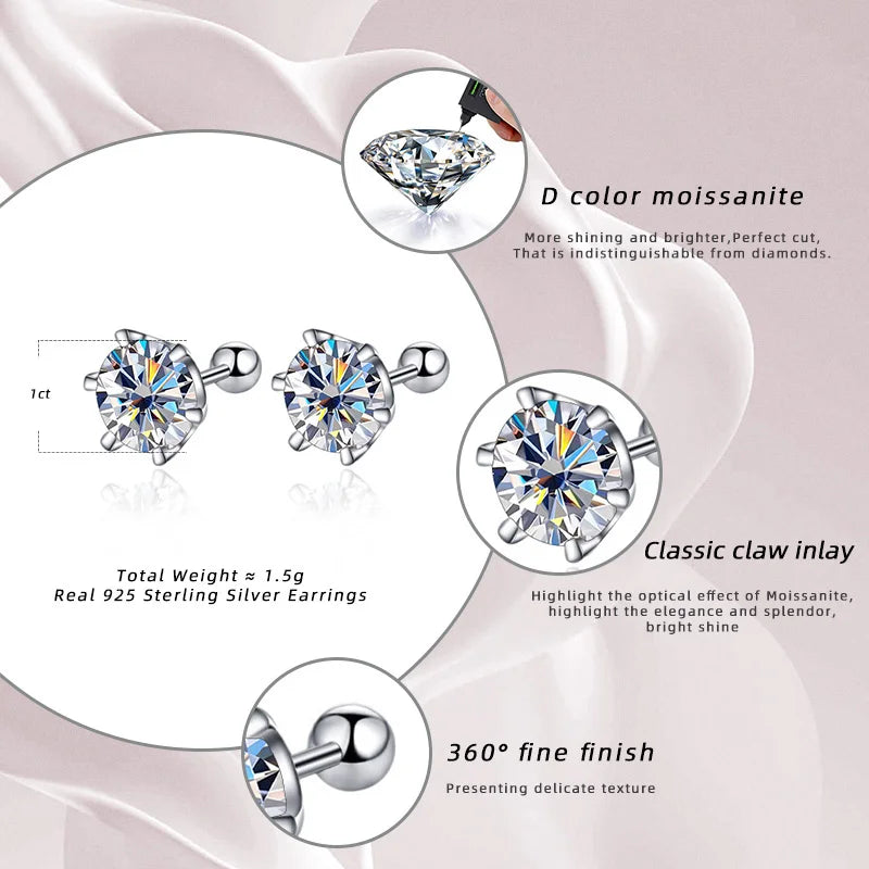 Moissanite Stud Earring - D Color 925 Sterling Silver for Women