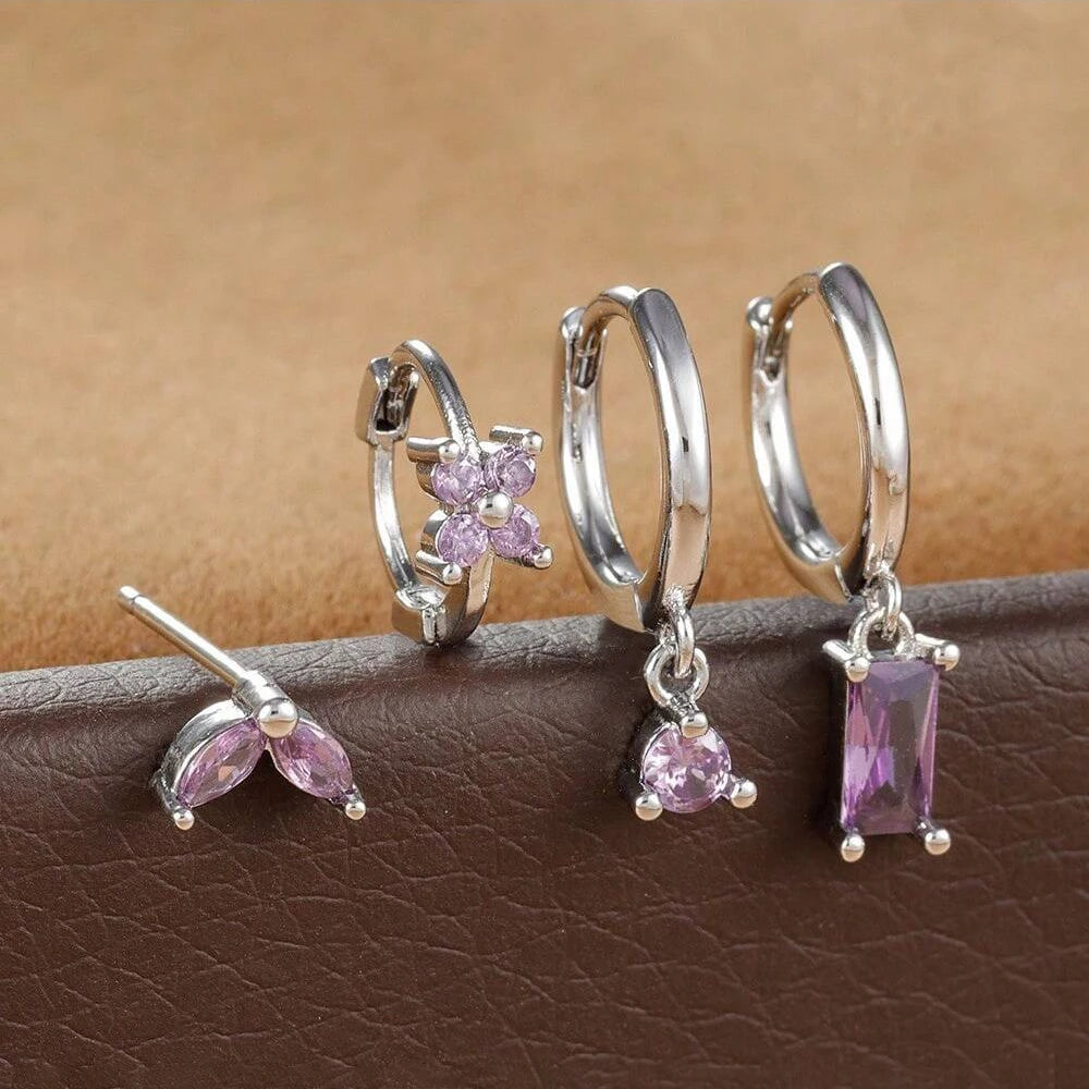 4Pcs Cubic Zirconia Flower Hoop Earrings Set 18k Gold- & Silver-Plated Stainless Steel