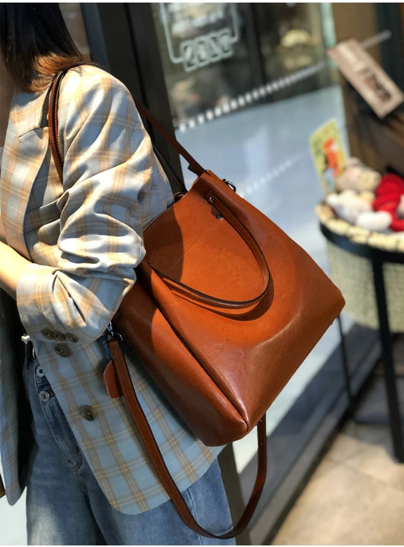 Genuine Leather Tote Bag - Vintage Women's Shoulder Handbag