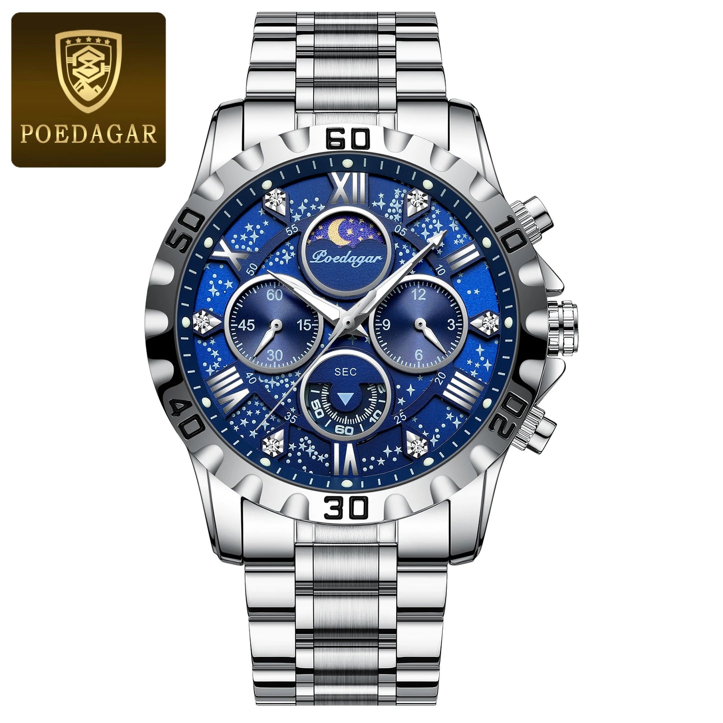 POEDAGAR Top Luxury Man Wristwatch Waterproof Luminous Chronograph Men's Quartz Watch Stainless Steel